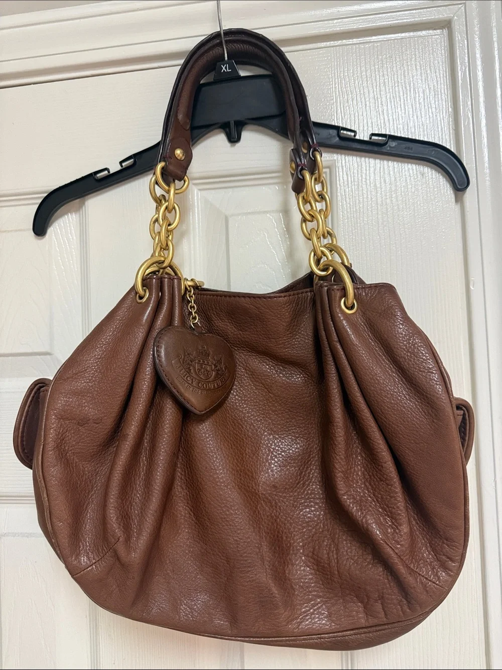 Vintage Juicy Couture 100% Cow Hide Brown Leather Shoulder Bag with Heart Char